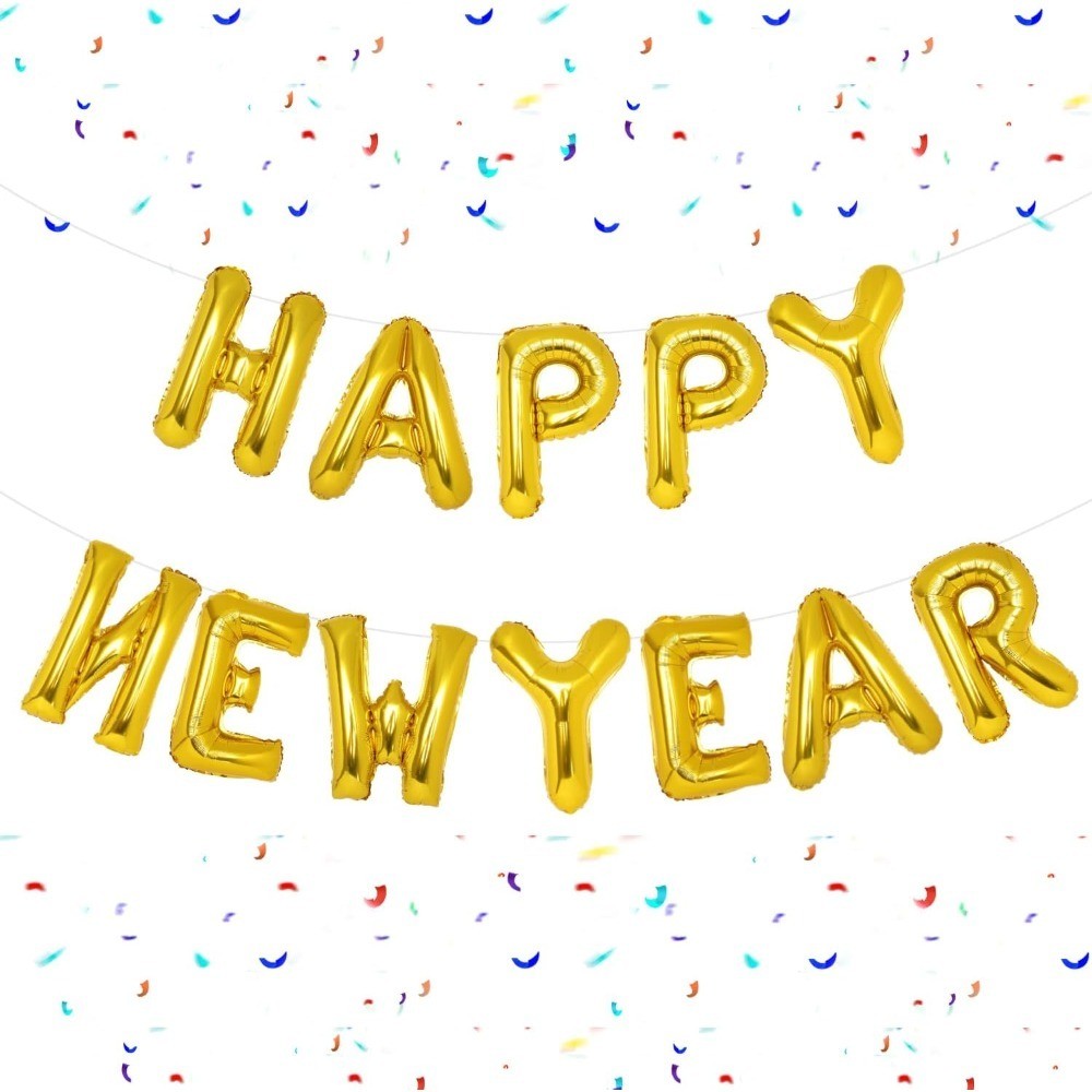 Gold Happy New Year Balloons, 16 Inch Gold Happy New Year Banner Decorations