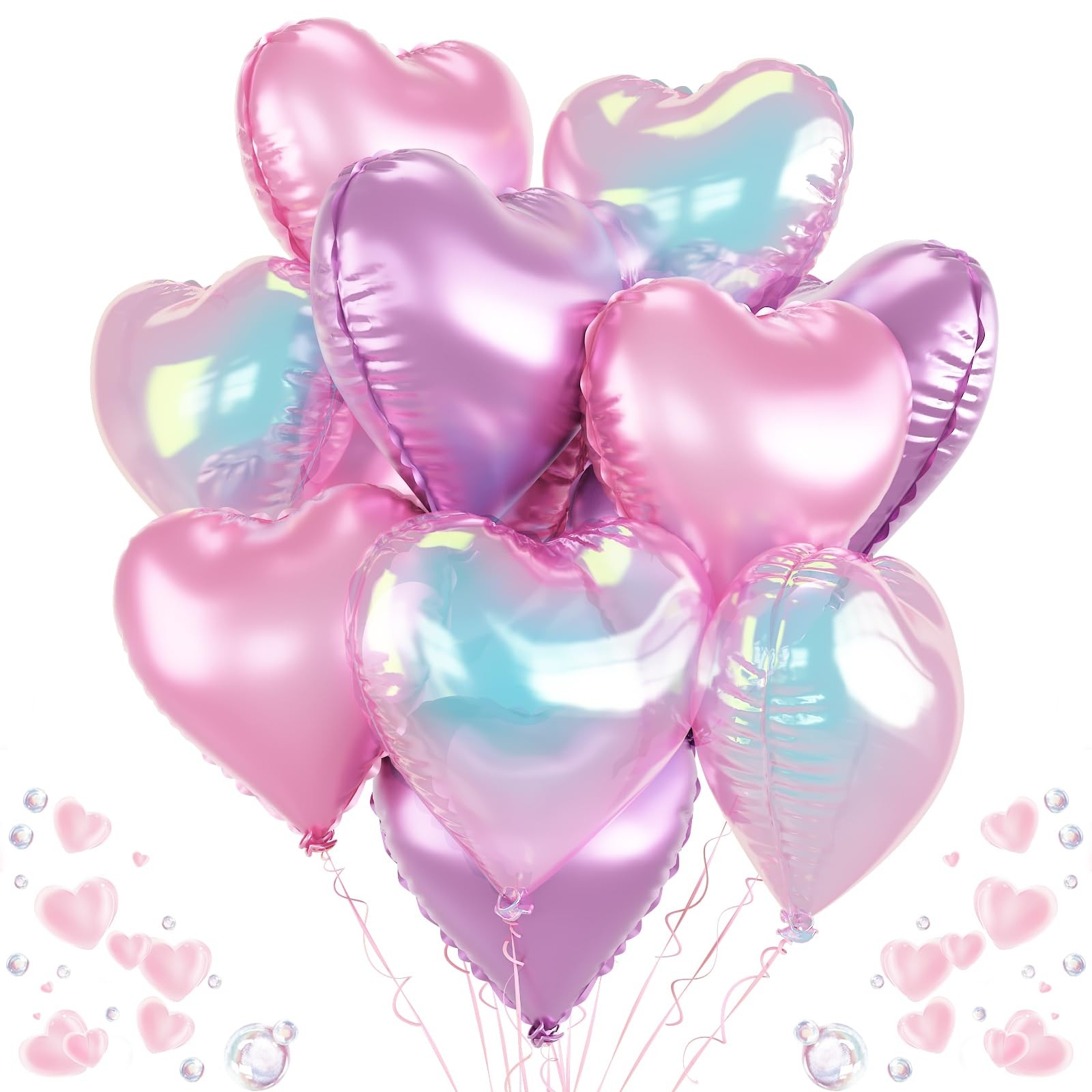 Pink Purple Iridescent Heart Balloons, 12 Pcs Light Pastel Pink Lavender and .