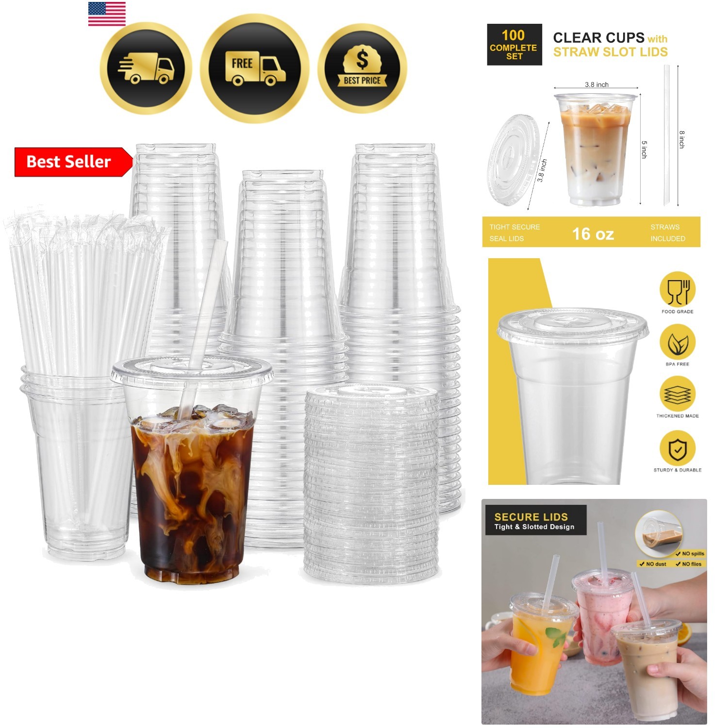 100 Sets – 16oz] Clear Plastic Cups with Lids and Straws, Disposable Iced Cof…