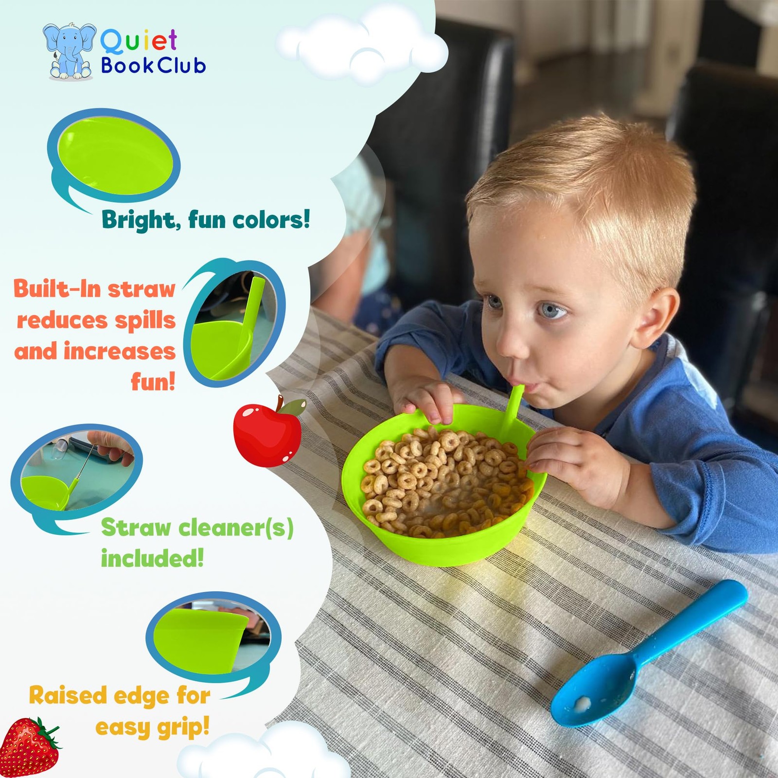 Quiet Book Club Cereal Bowl With Straw for Kids – Plastic, Dishwasher Safe, BPA