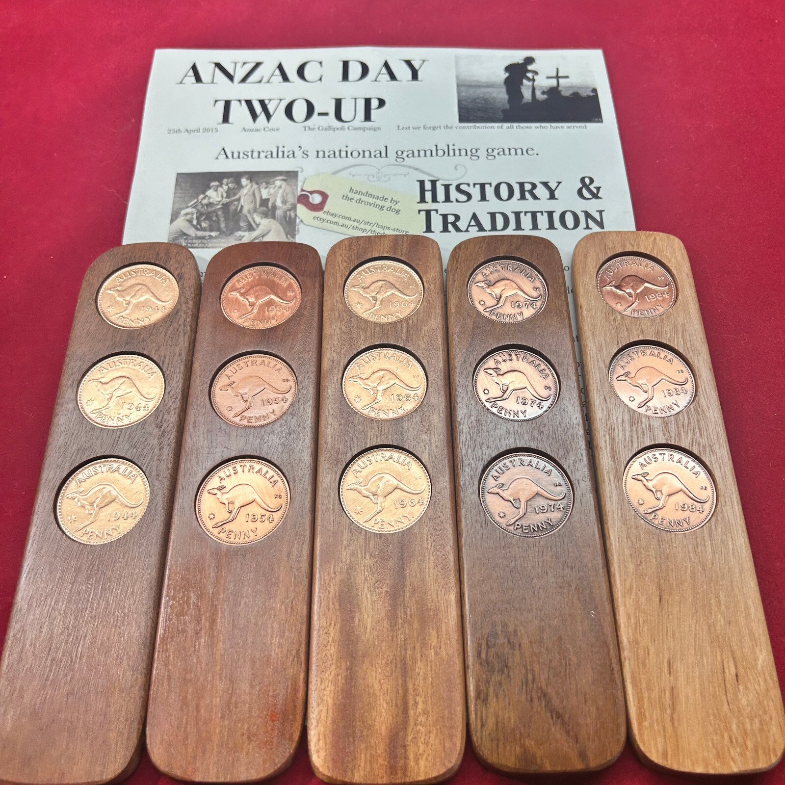 50th Birthday Gift Present Hardwood Two-Up Game 1974 Australian Pennies two up