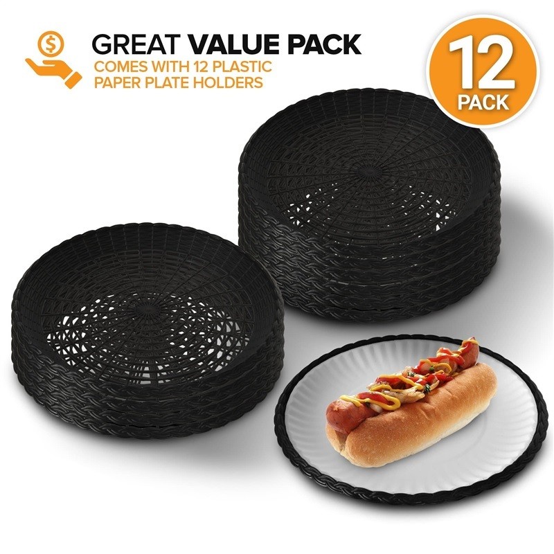 Stock Your Home 9” Paper Plate Holder in Black 12 Ct Plastic Heavy Duty Woven