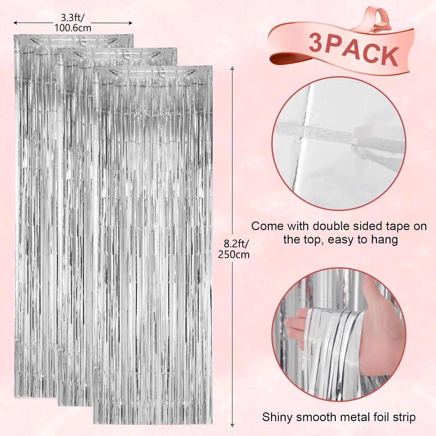 3 Pack 3.3×8.2 Feet Silver Foil Fringe Backdrop Curtains, Tinsel Streamers