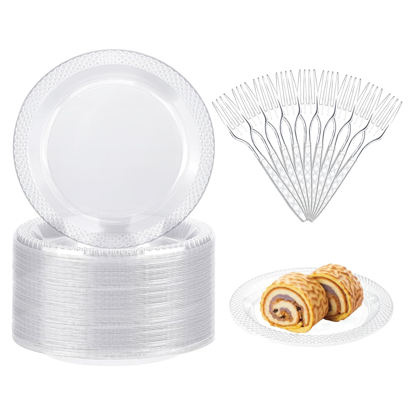 100 Pcs Clear Plastic Plates and Forks Set for Party Supplies, 6 Inch