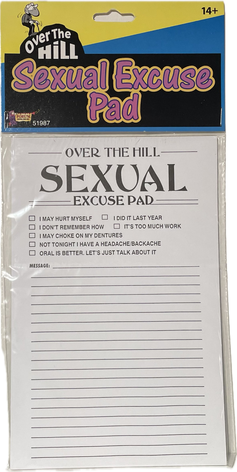 OVER THE HILL SEXUAL EXCUSE PAD Paper Old Age Retirement Joke Gag Prank Gift Fun