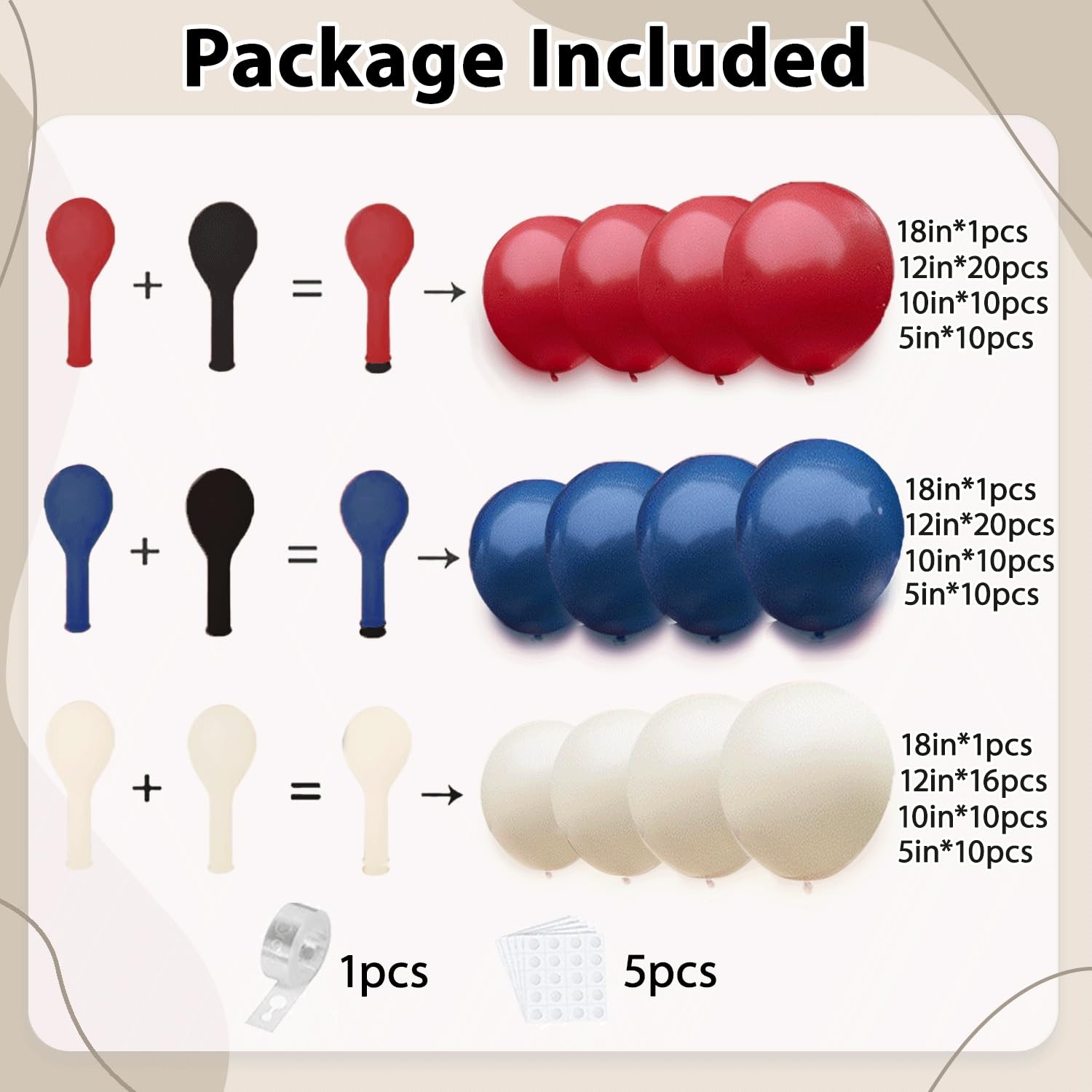 Red White Blue Balloons Arch Kit, Double Stuffed Dark Ruby Red Navy Blue Ivory W