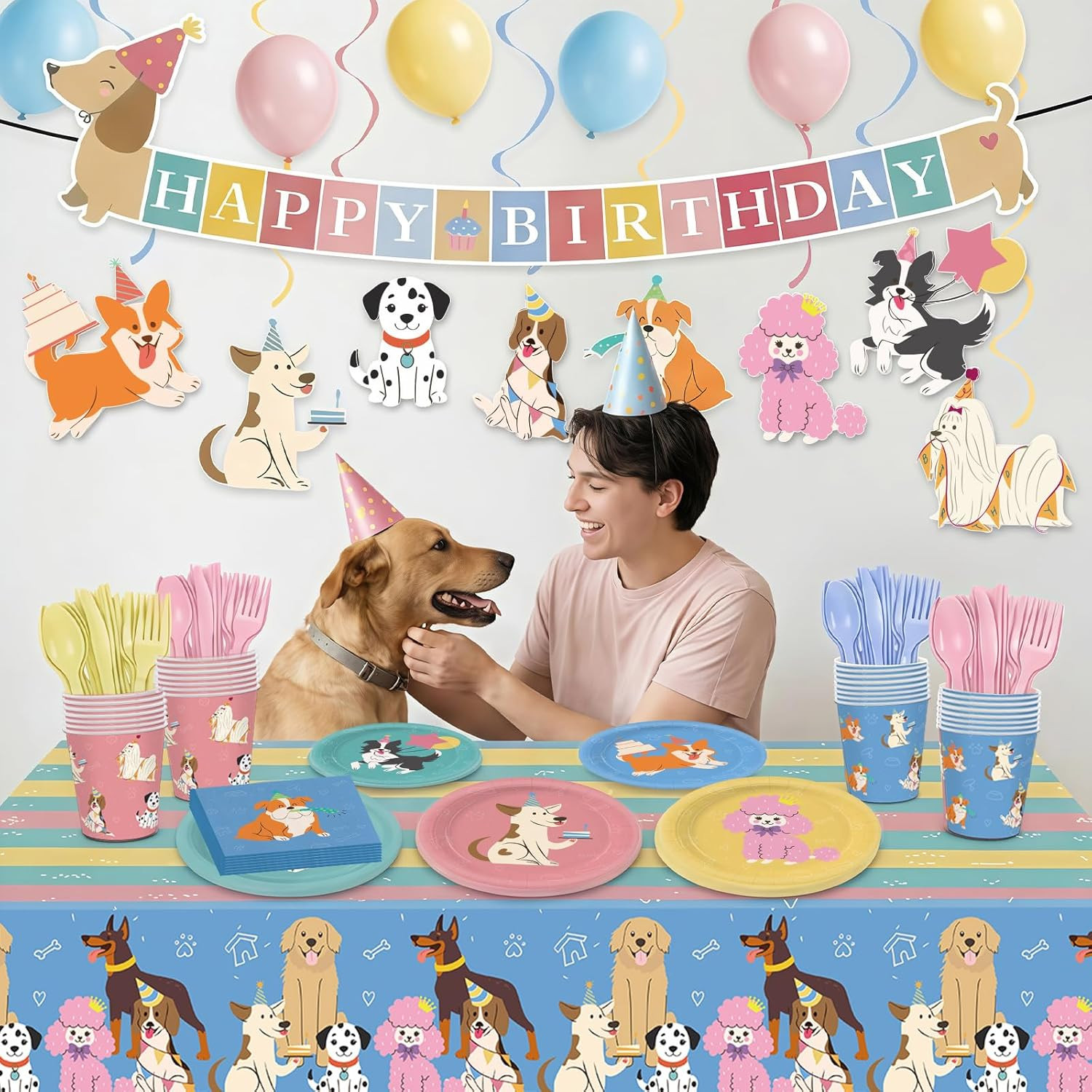 203pcs Retro Puppy Party Decorations Plates Napkins Pet Dog Birthday Party Suppl