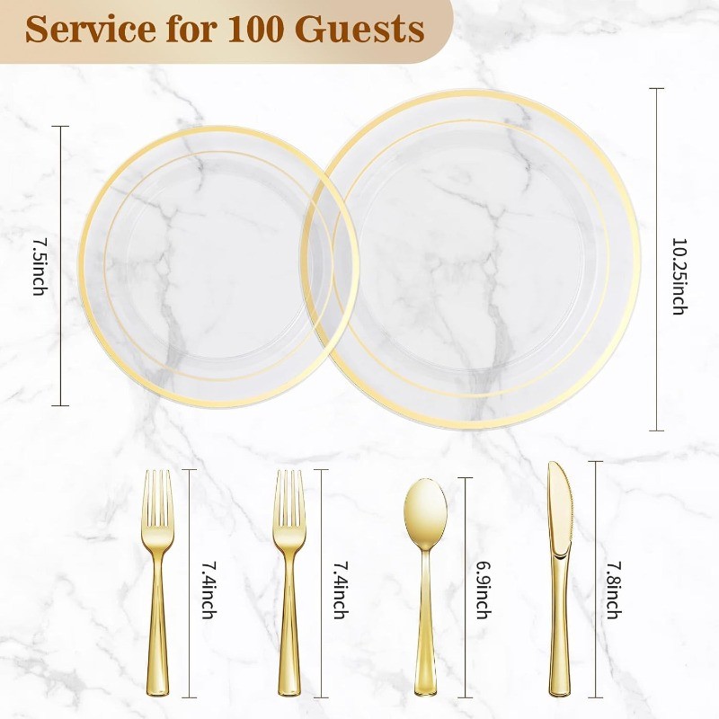 Clear Gold Plastic Plate Set (100 Guests), Plastic Plate