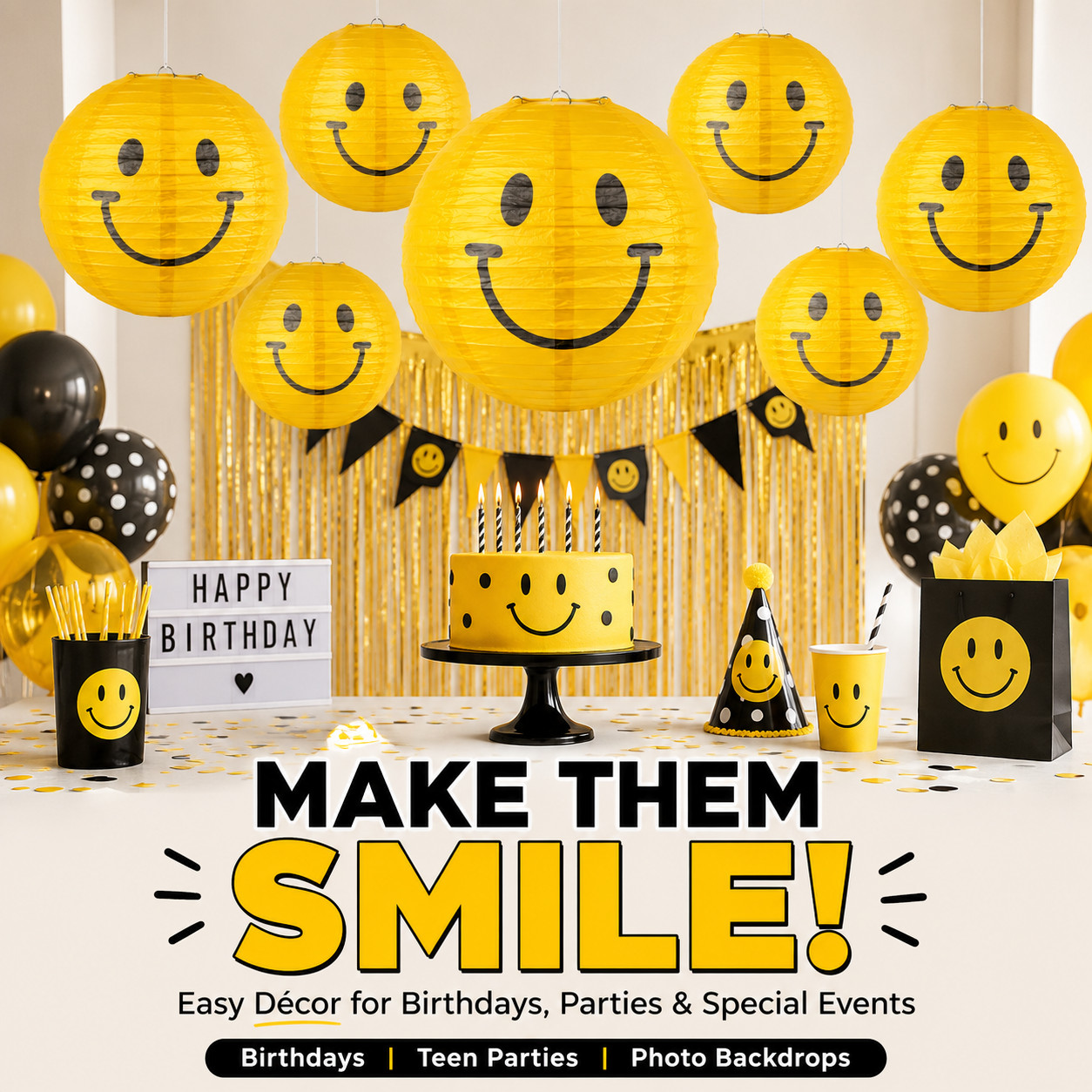 Yellow Smile Happy Face Paper Lanterns 6 Pc 8-16 In Retro Party Hanging Decor