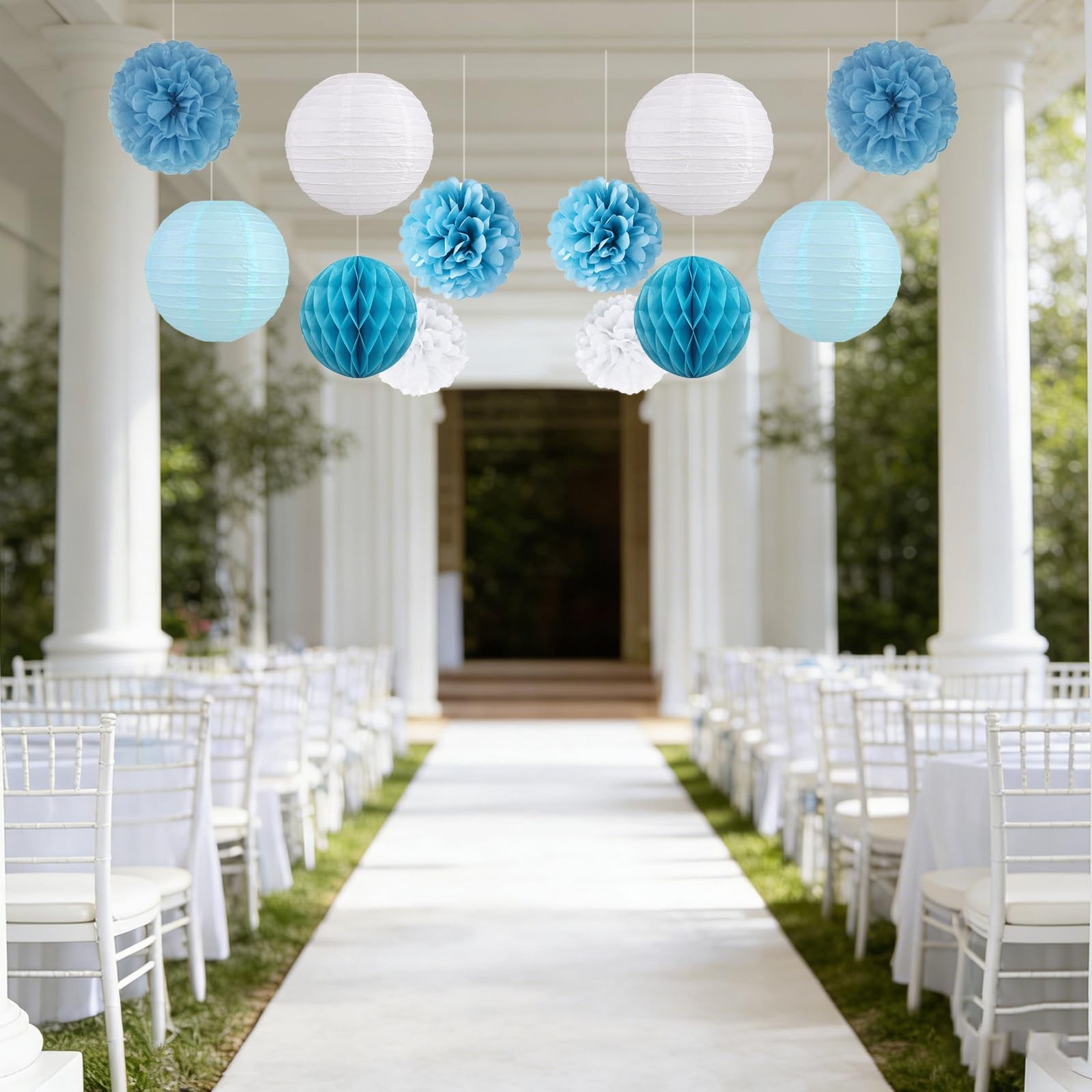 12 PCS Dusty Blue White Hanging Paper Flower Lantern Tissue Pom Pom Party