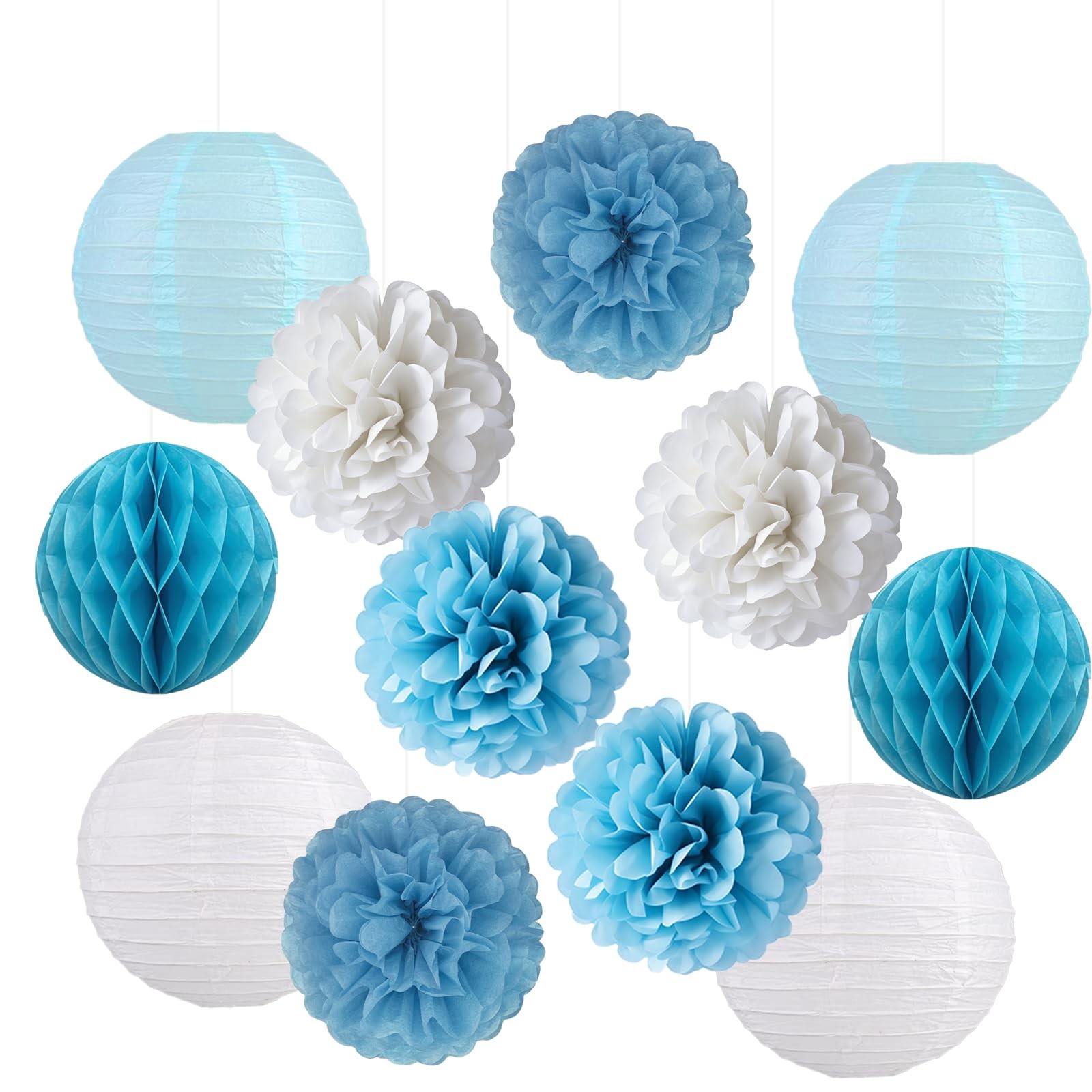 12 PCS Dusty Blue White Hanging Paper Flower Lantern Tissue Pom Pom Party