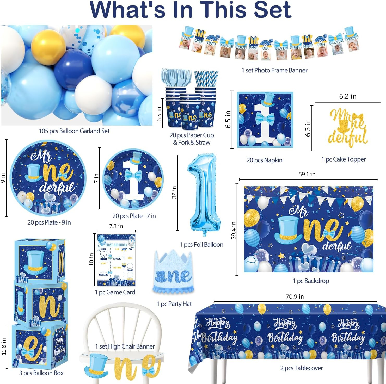 237-Piece Mr Onederful 1st Birthday Party Decoration Set for Boys