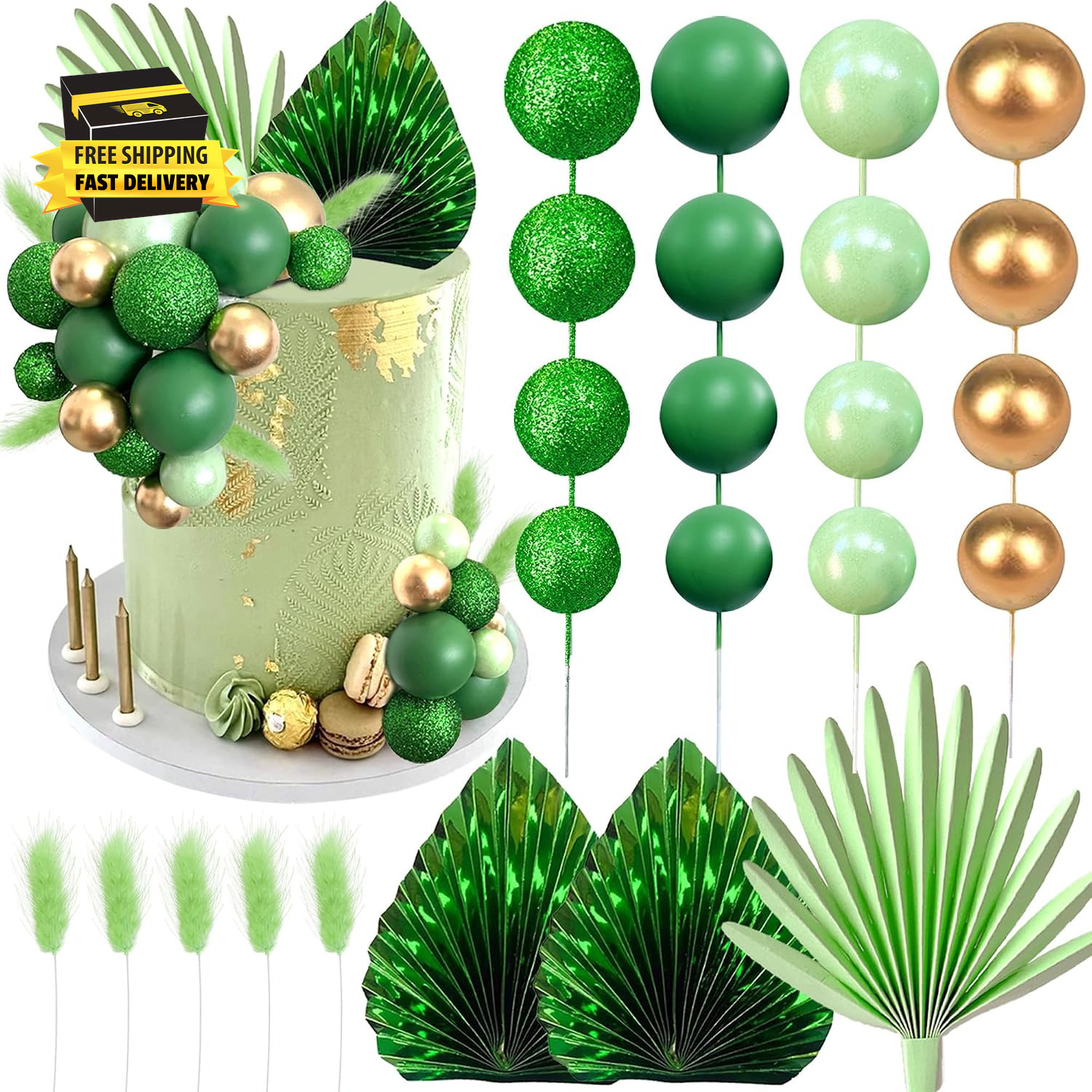 38 PCS Balls Cake Toppers Palm Leaves Cake Decorations for Birthday Wedding Baby