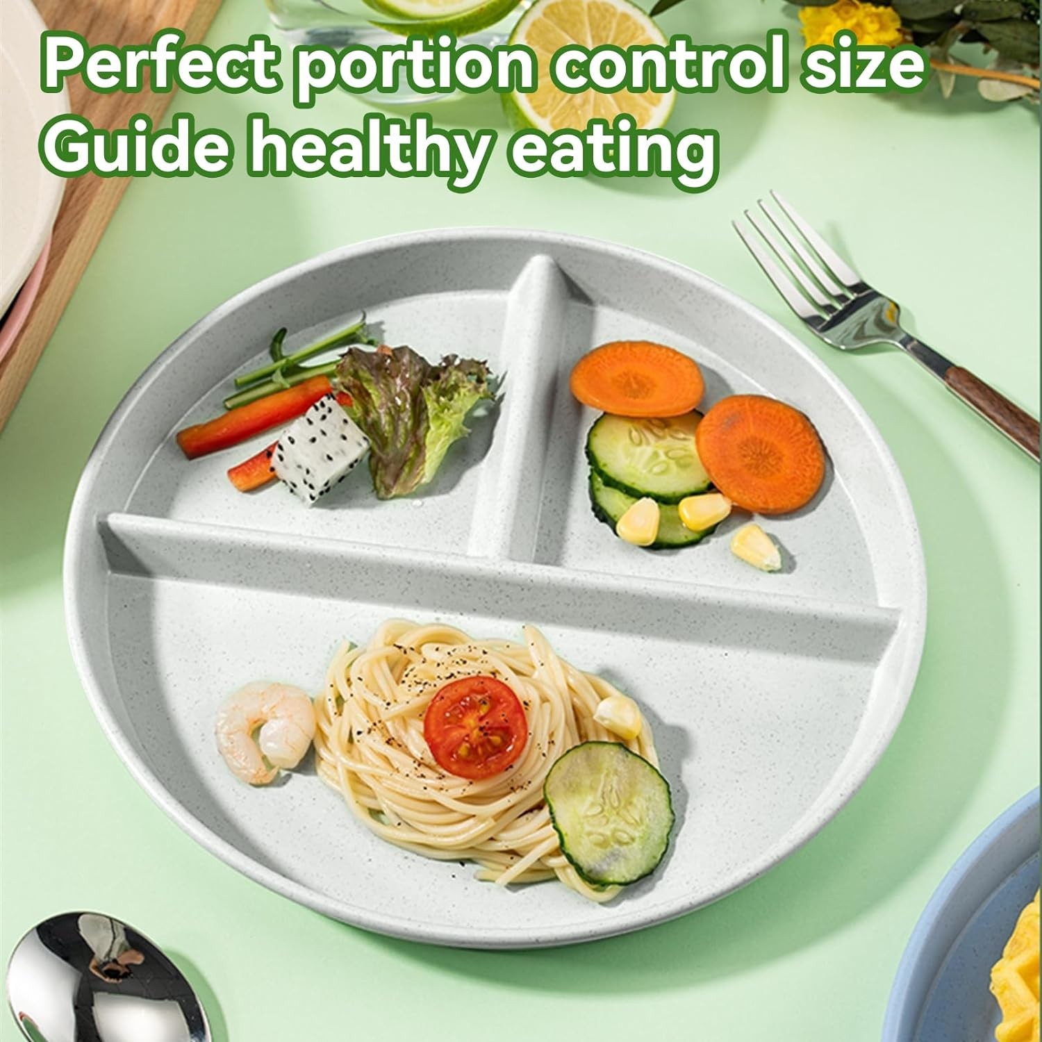 round portion control plate 9 inches, Black, gray, light beige, dark green