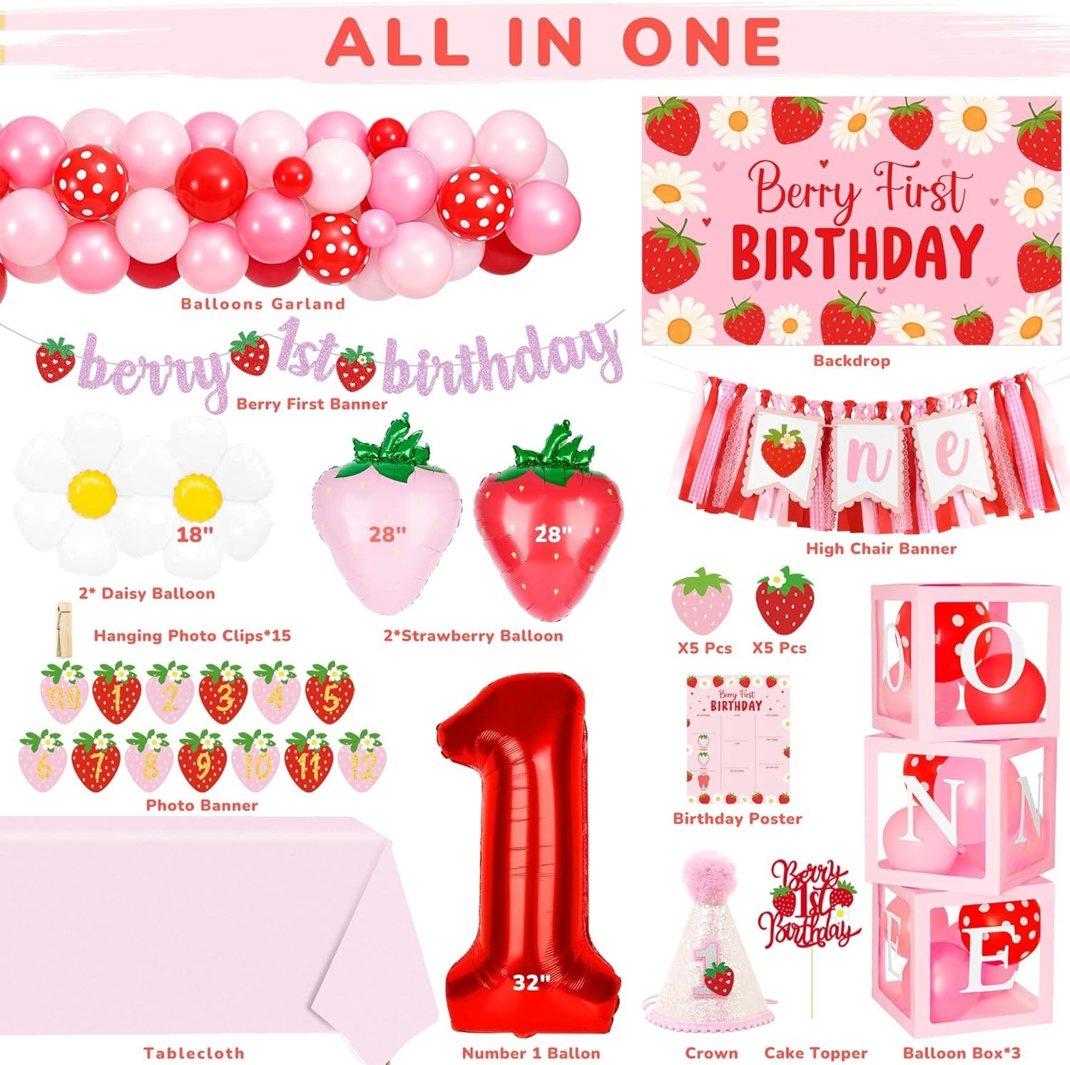 Berry 1st Birthday Decor Set: Strawberry Theme with Balloon Arch & Backdrop