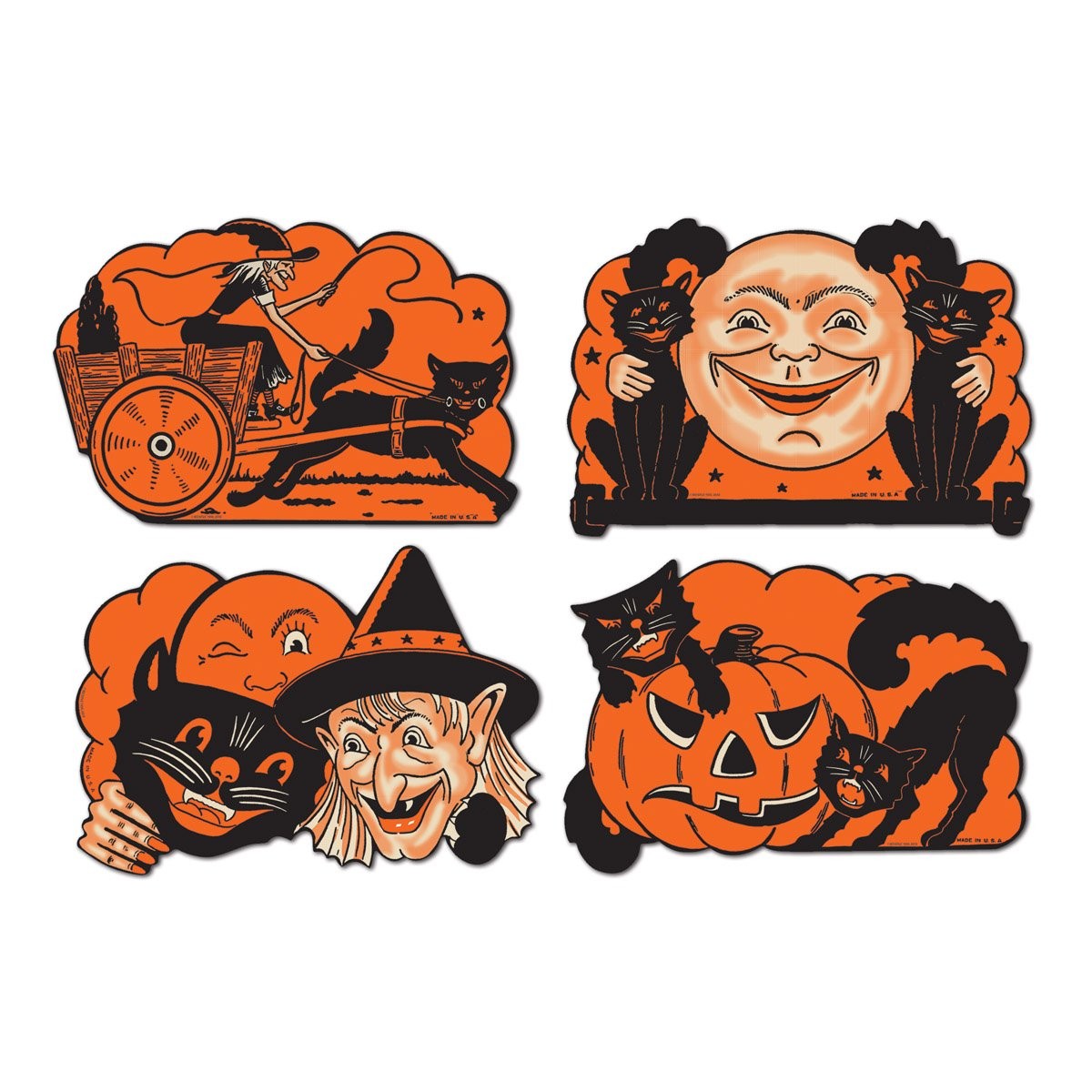 Beistle Vintage Halloween Cutouts 4-Pack – Double-Sided 9″, Black/Orange