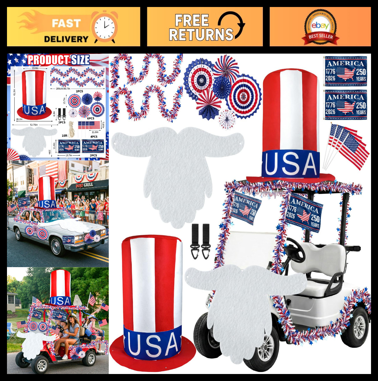 Patriotic 4th of July Golf Cart Decoration Kit – Giant Hat, Beard, Tinsel & Flag