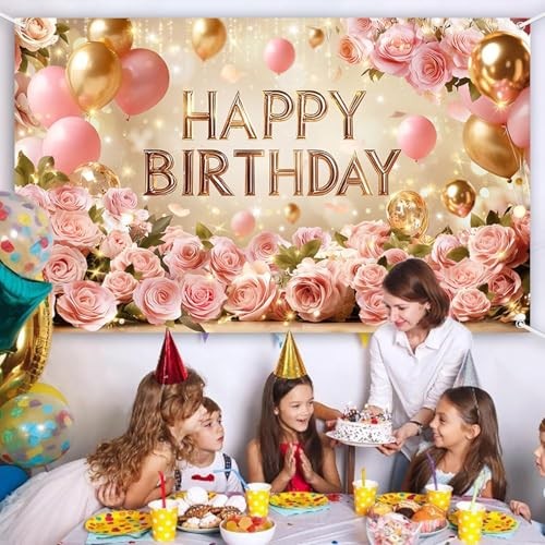 Rose Gold Happy Birthday Backdrop Banner for Women | Pink Floral Happy 6×3.6ft