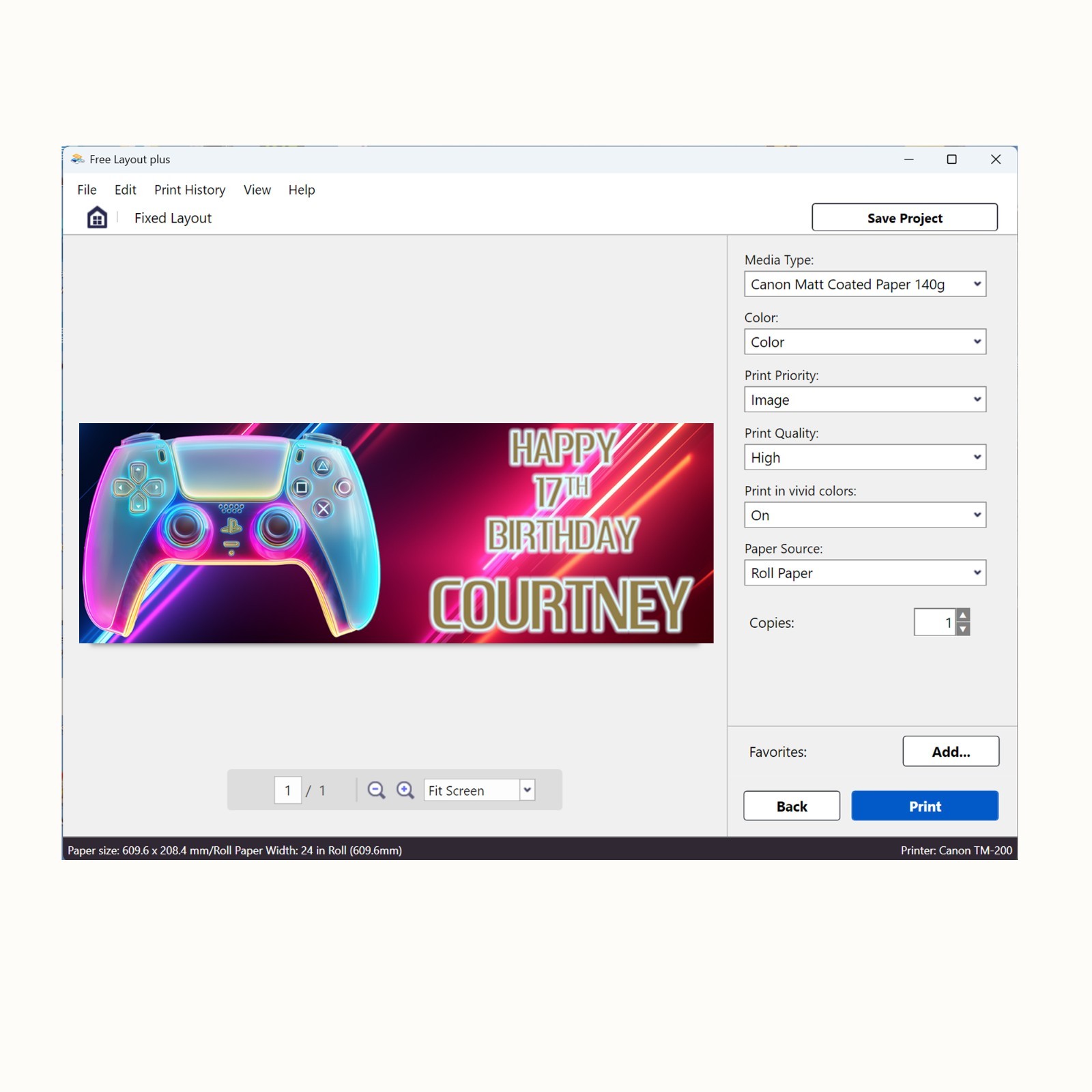 PS5 Controller Neon Glow Colorful Gaming Personalised Birthday Banner