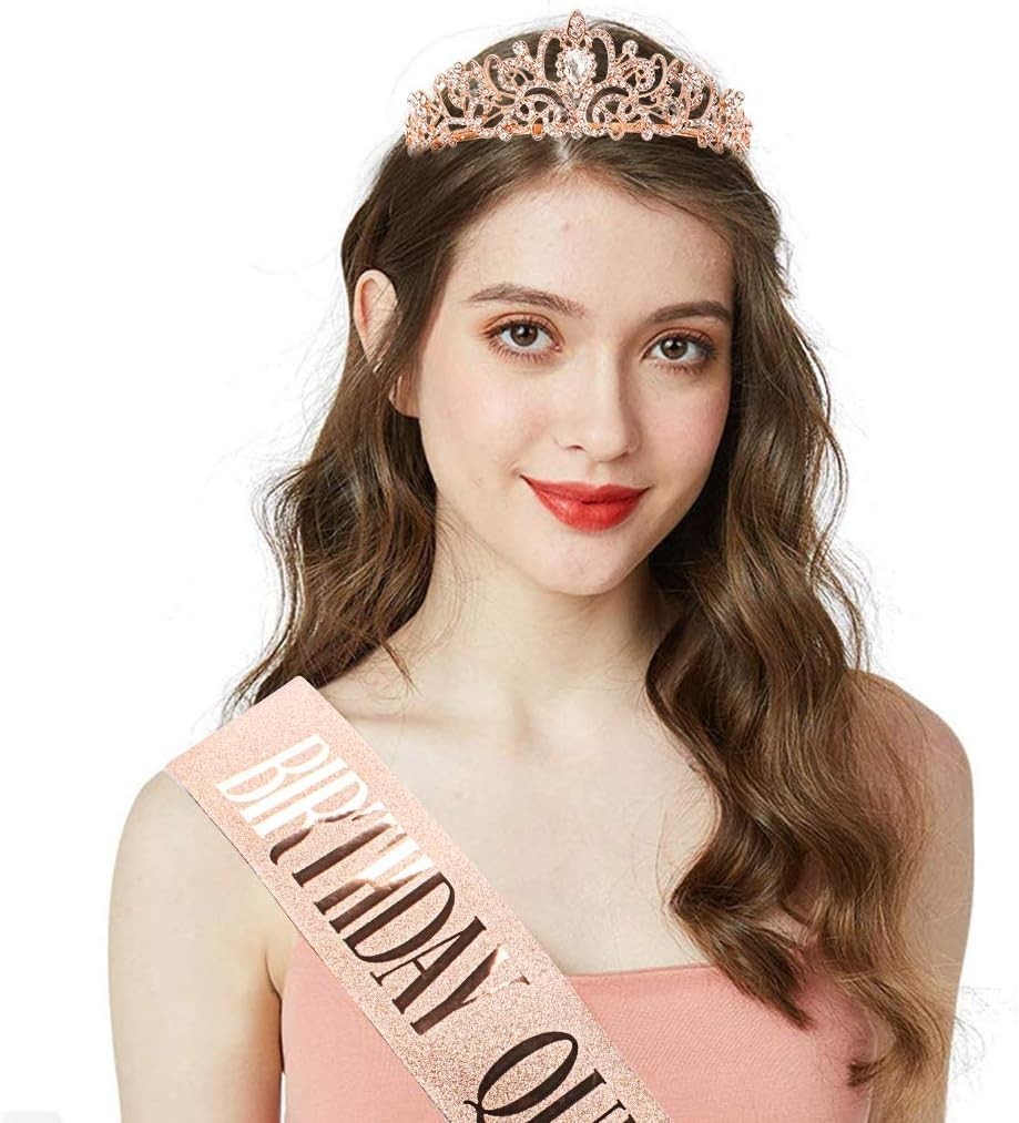 Elegant Rose Gold Birthday Sash and Tiara Set – Perfect for The Birthday Queen