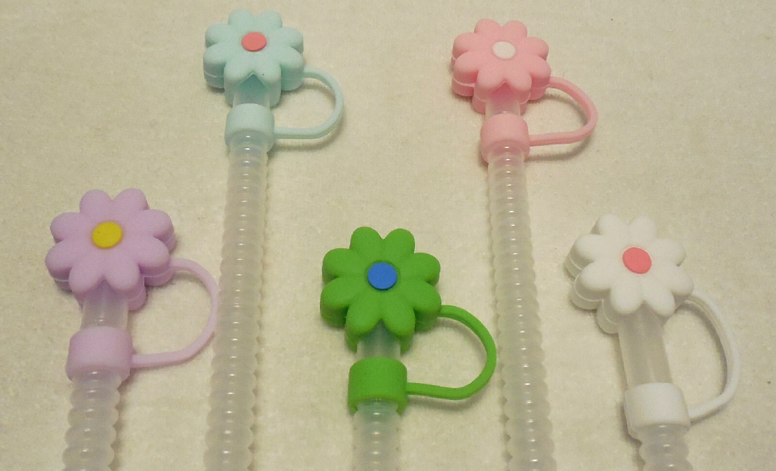 5 New Flower Caps with 11” Clear Flex Straws Plastic Reusable Flexible BPA-Free