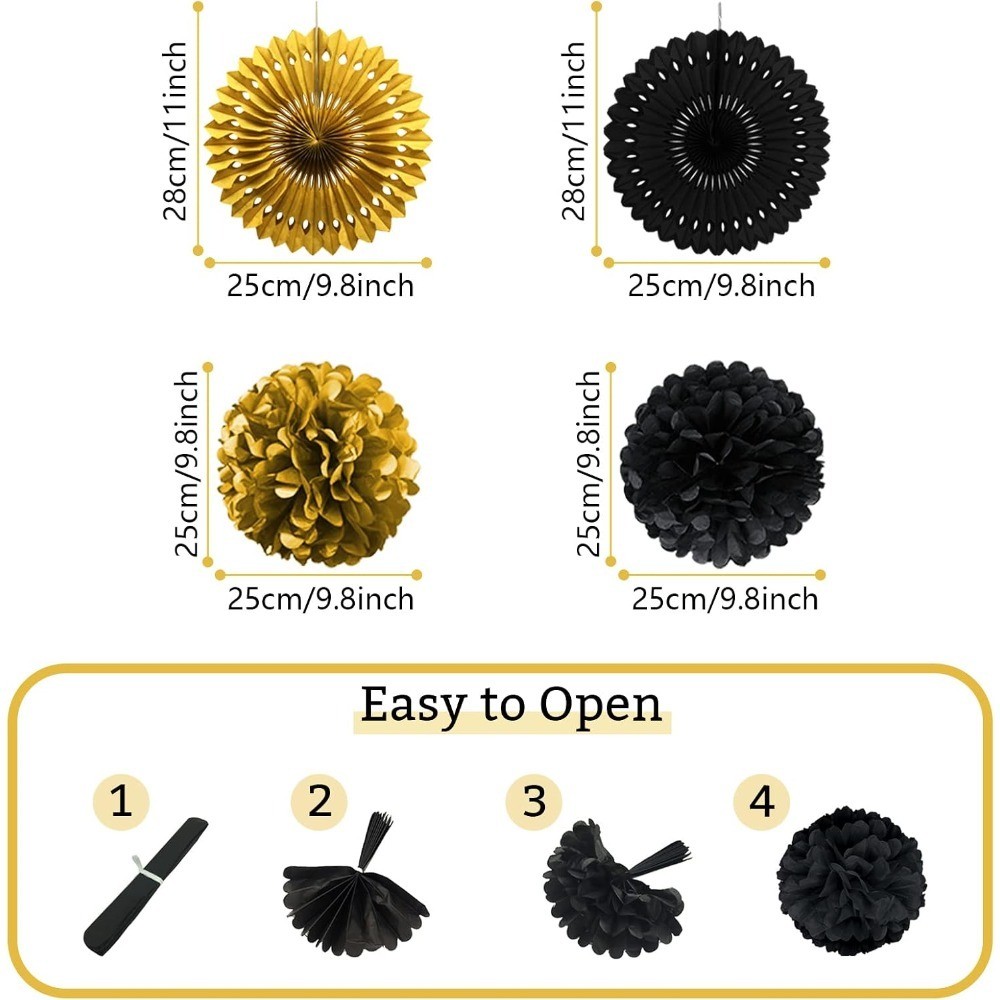 Black and Gold Decorations, Paper Pompoms Fan for Graduation Birthday Wedding