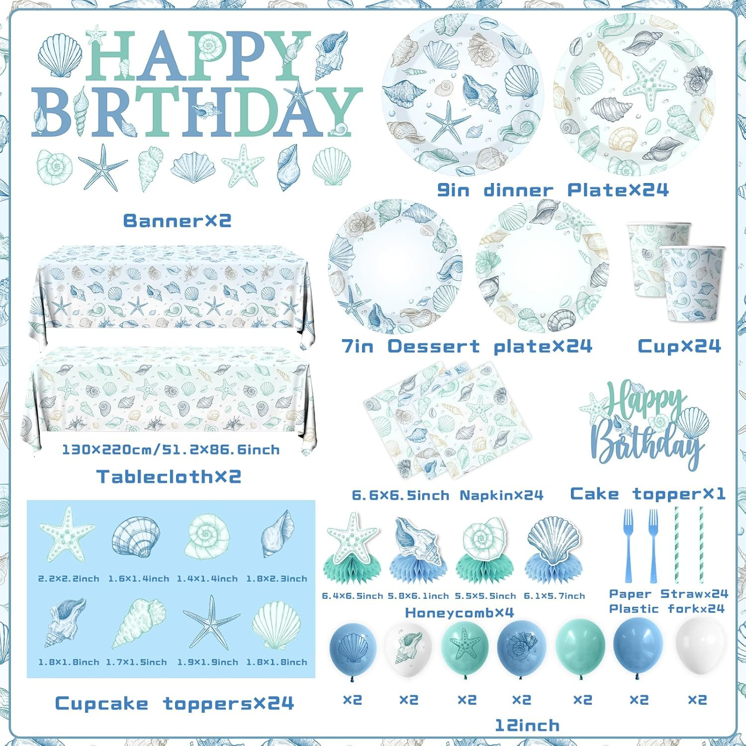 Seashell Birthday Decorations,190pcs Beach Party Supplies Coastal Party Decorati