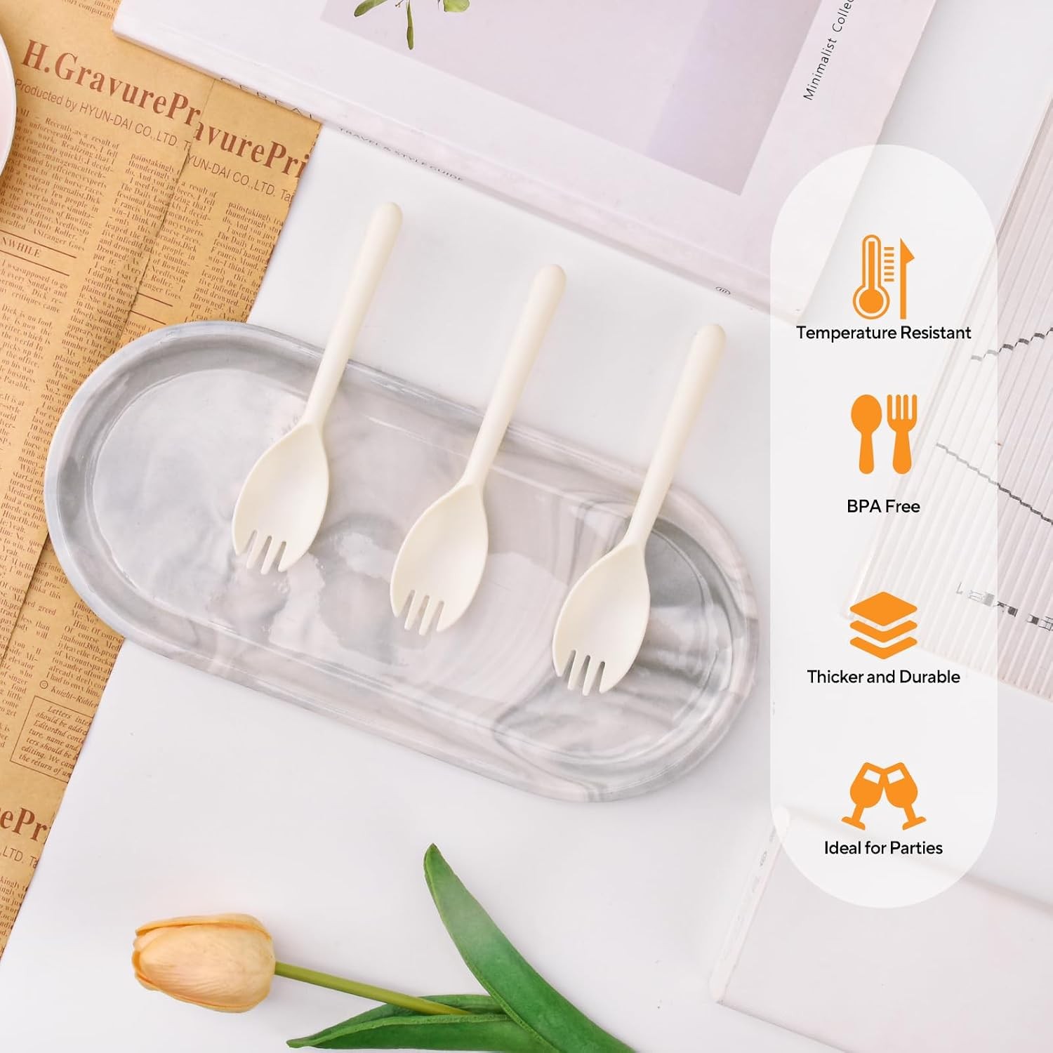 100Pcs Medium Disposable White Sporks 5.4 Inch Individually Wrapped Plastic Fork