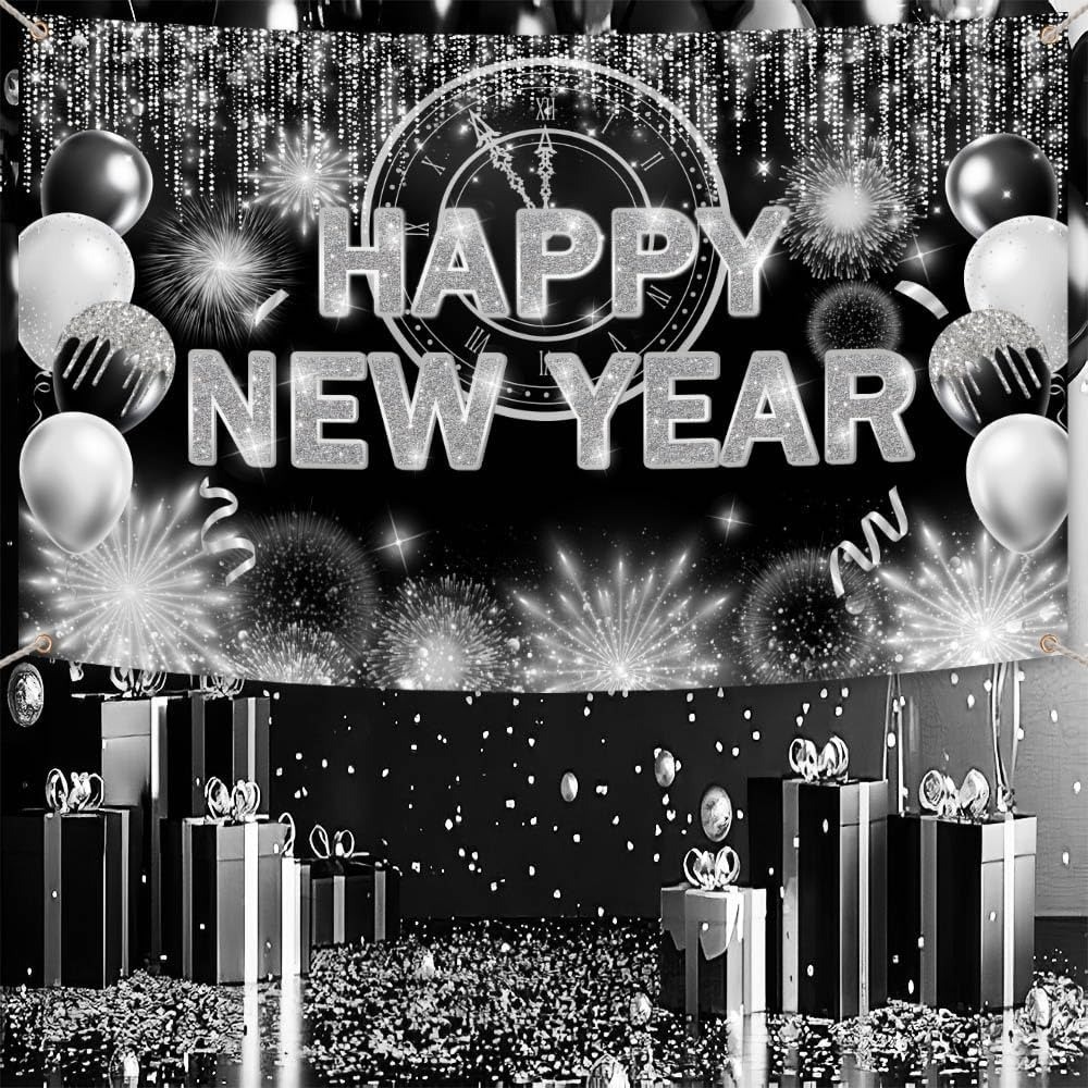 Black Silver Happy New Year Backdrop 2026 Kiss Me at Midnight Photography