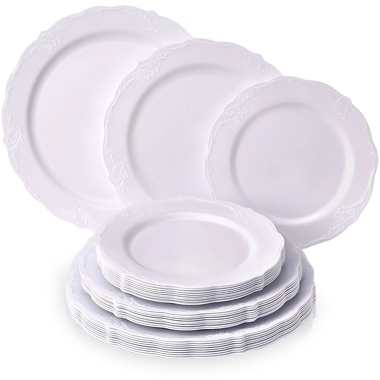 Vintage Collection White Plastic Plated Combo Set – 10.25″, 9″, 7.5″ (10 Each…