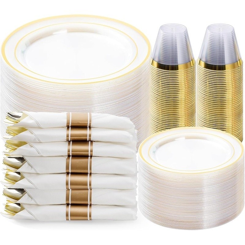 Elegant Disposable Party Plates Set W/ Gold Silverware Weddings Birthdays Events