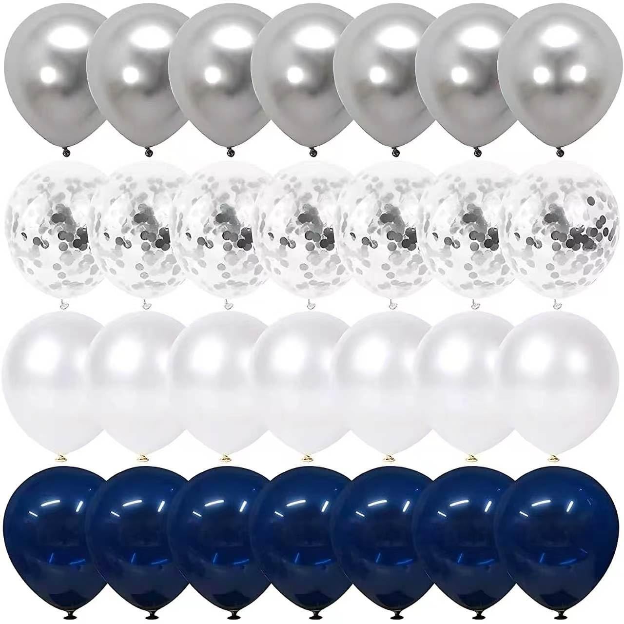 Navy Blue and Silver Confetti Balloons 50 pcs, 12 inch White Pearl and Silver