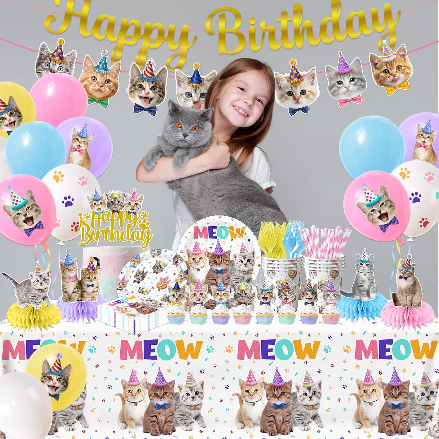 Cat Birthday Decorations,189Pcs Cat Party Decorations Cat Birthday Plates and Na