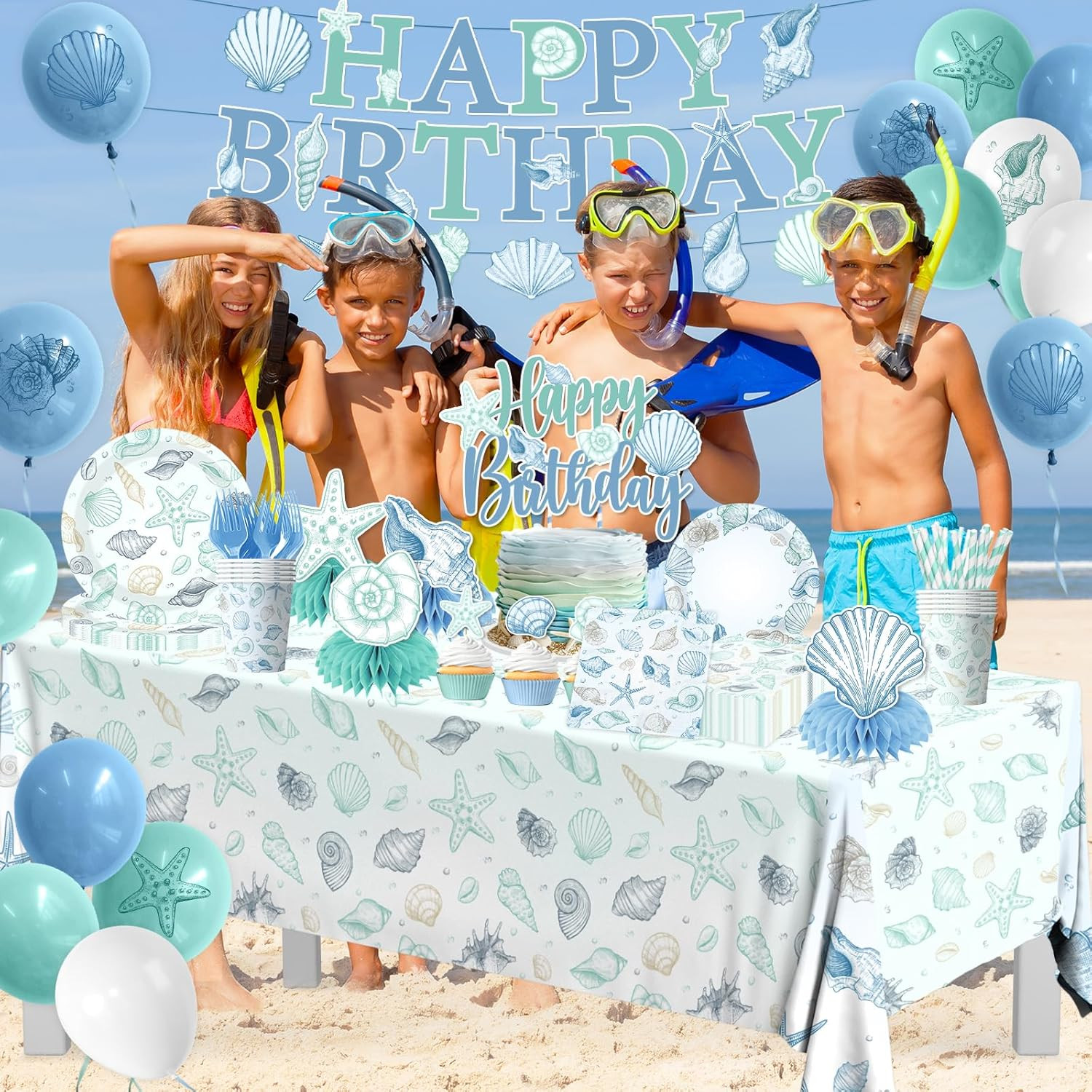 Seashell Birthday Decorations,190pcs Beach Party Supplies Coastal Party Decorati