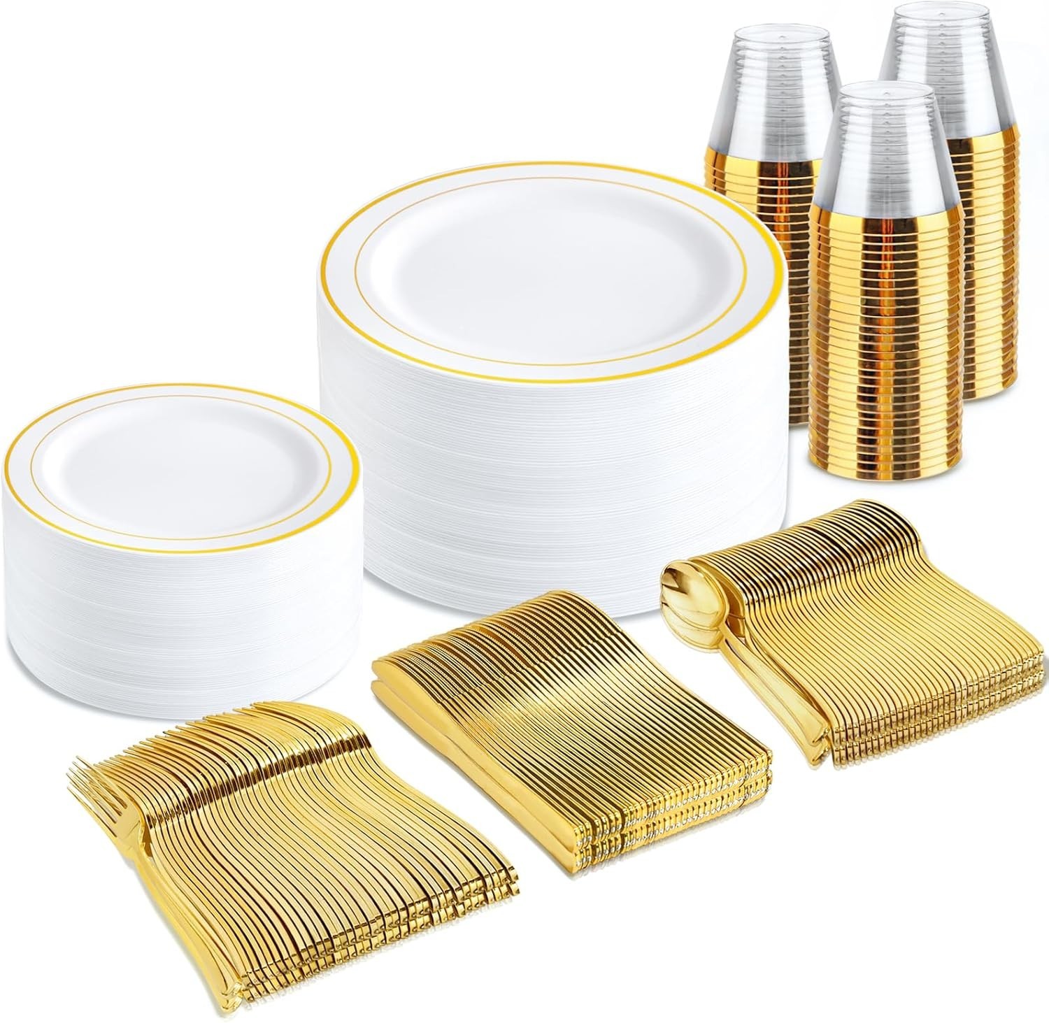 Stylish Gold Rimmed Plastic Plates – 300PCs Party Dinner Set
