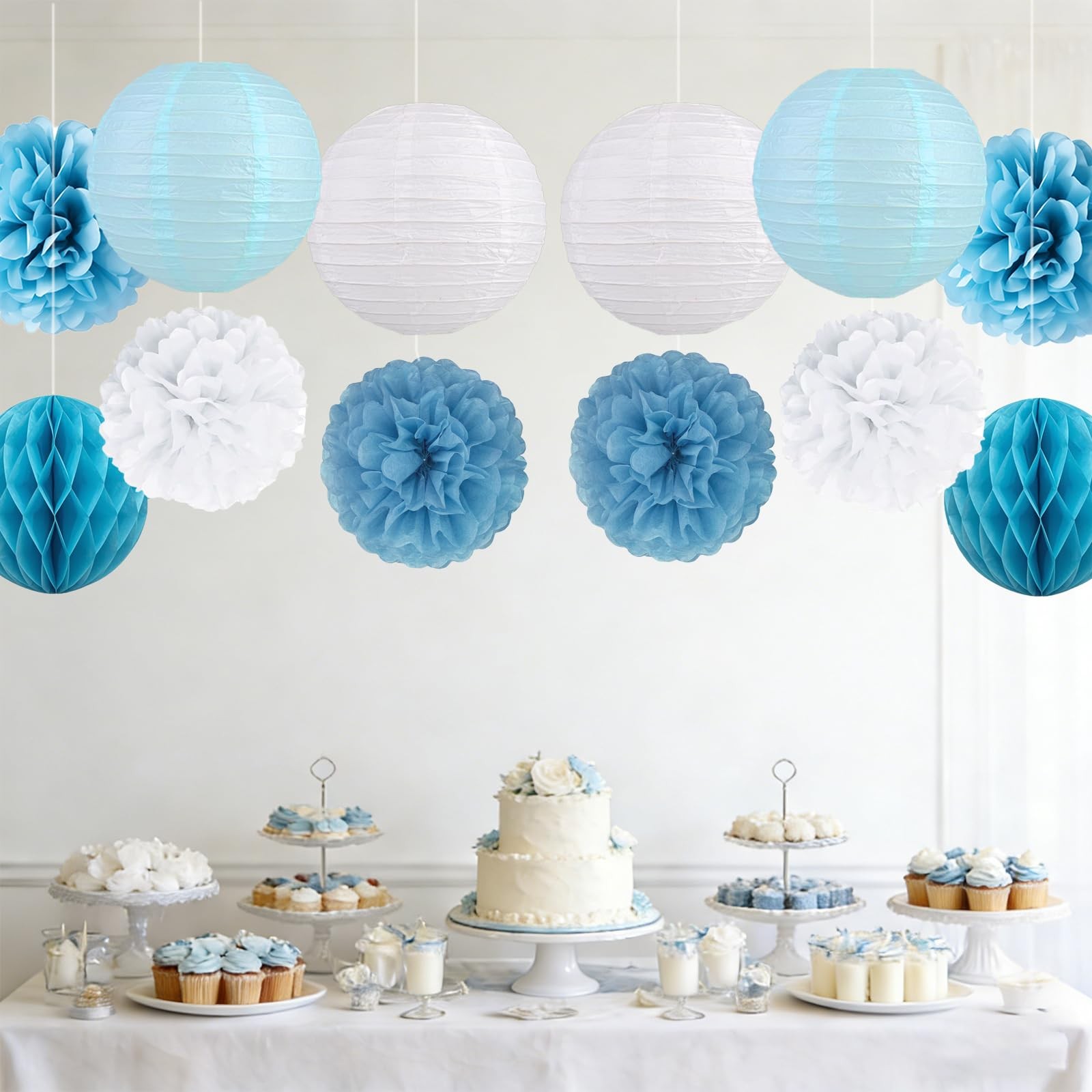 12 PCS Dusty Blue White Hanging Paper Flower Lantern Tissue Pom Pom Party