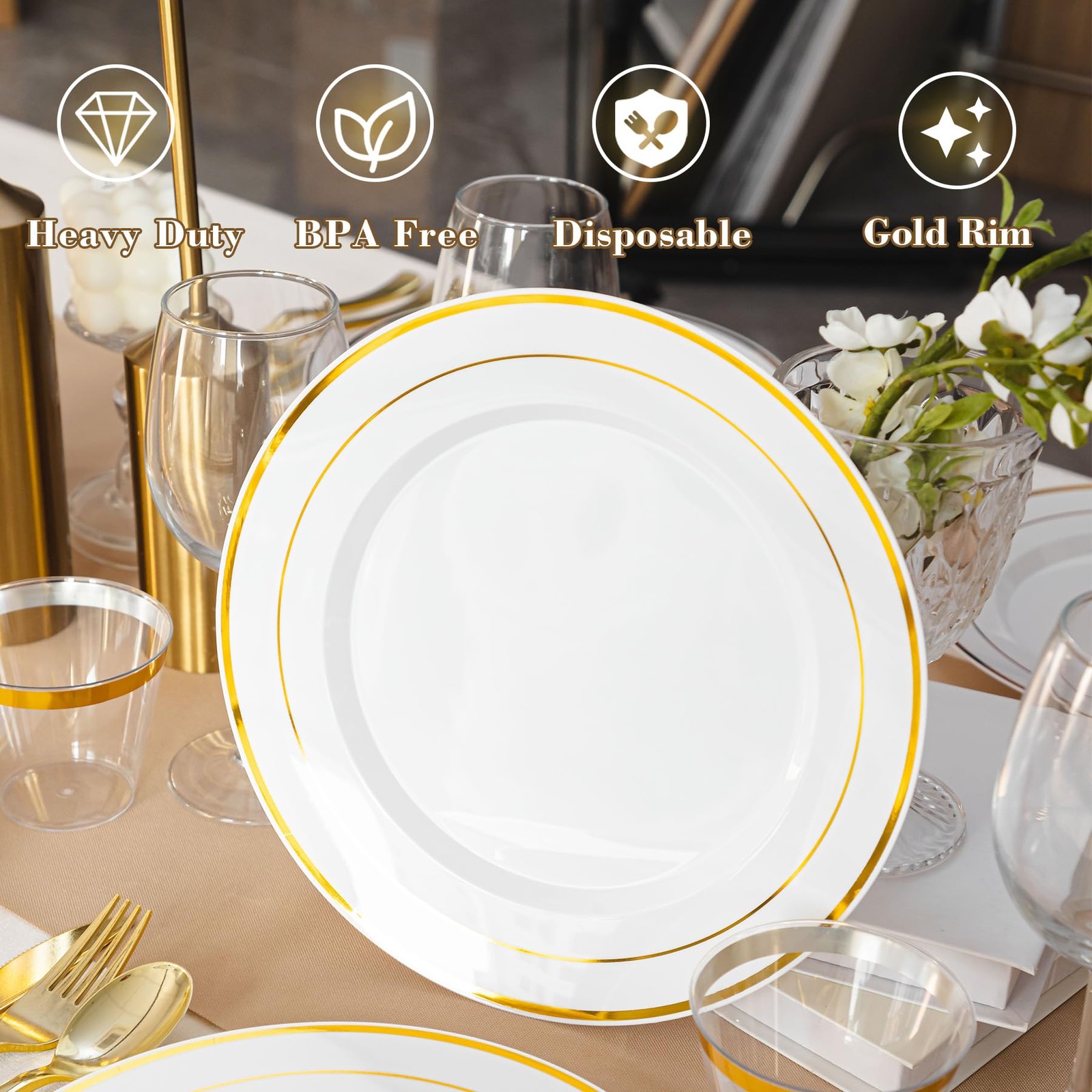 108PCS White and Gold Plastic Plates, 10 Inch Disposable Dinner Plates with G…