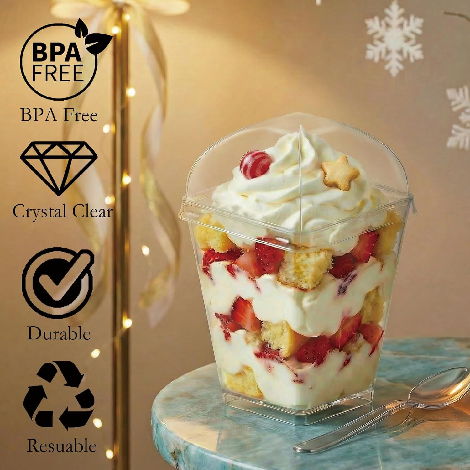 50Pack 5Oz Clear Plastic Dessert Cups with Lids and Spoons, Reusable Square Parf
