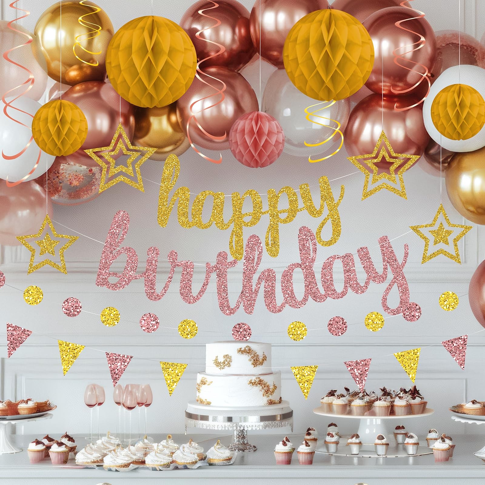 Rose Gold and Gold Birthday Party Decorations Set – Happy Birthday Banner Bal…