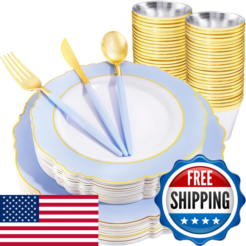 Wdf 150Pieces Baby Blue Plastic Plates Gold Rim – Disposable Gold Plastic