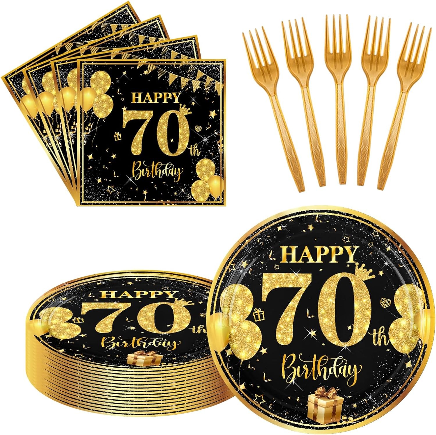 70th 7 inch Birthday Party Paper Plates and Napkins Forks 60 pcs Black Gold