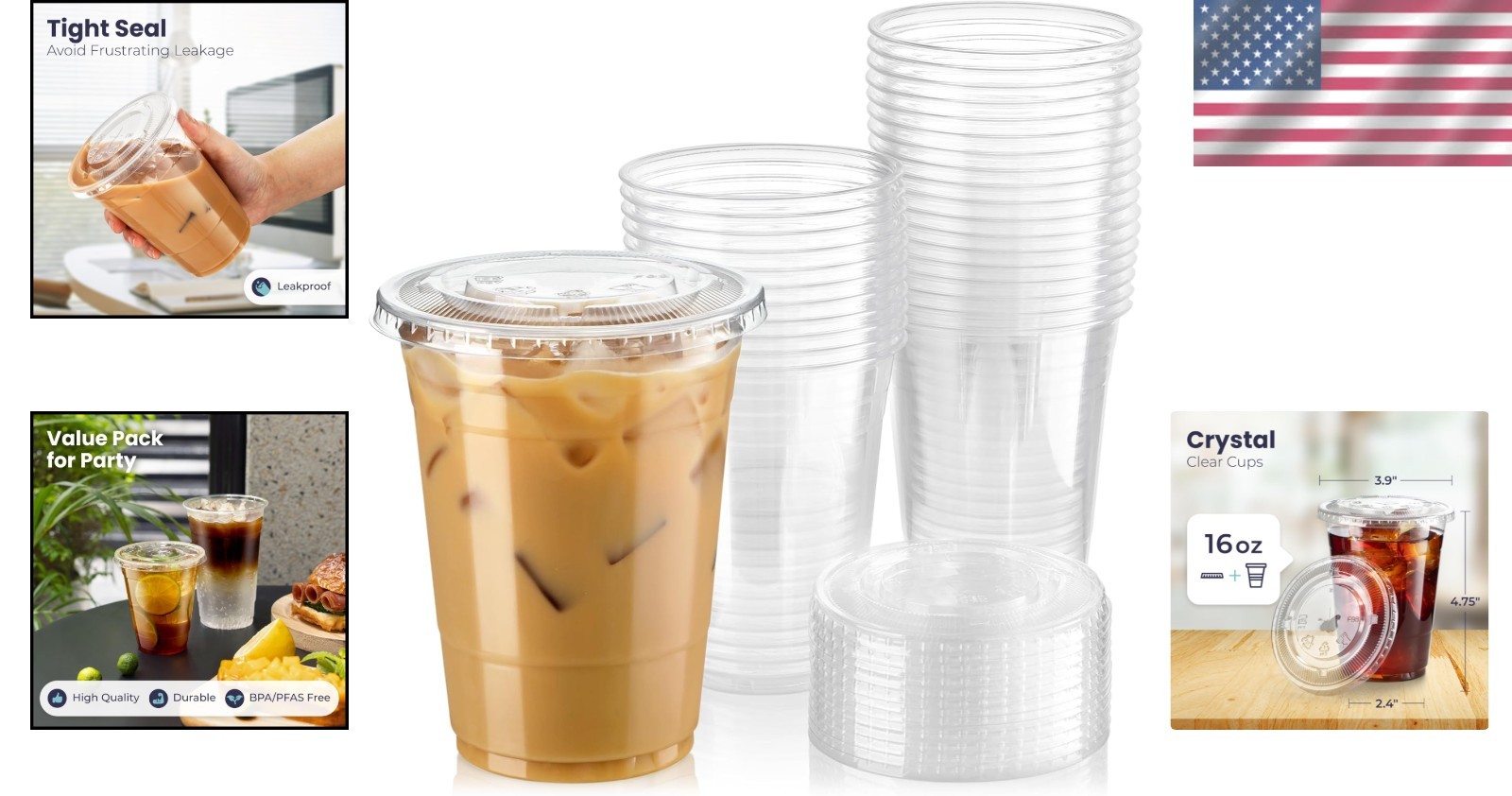 Crystal 16oz Clear Plastic Cups 600pk Flat Lids Leak Proof Durable Cold Drink