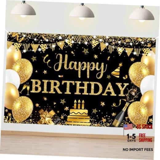 Happy Birthday Banner Glitter Balloon Happy Birthday 6 x 3.6 ft Black Gold