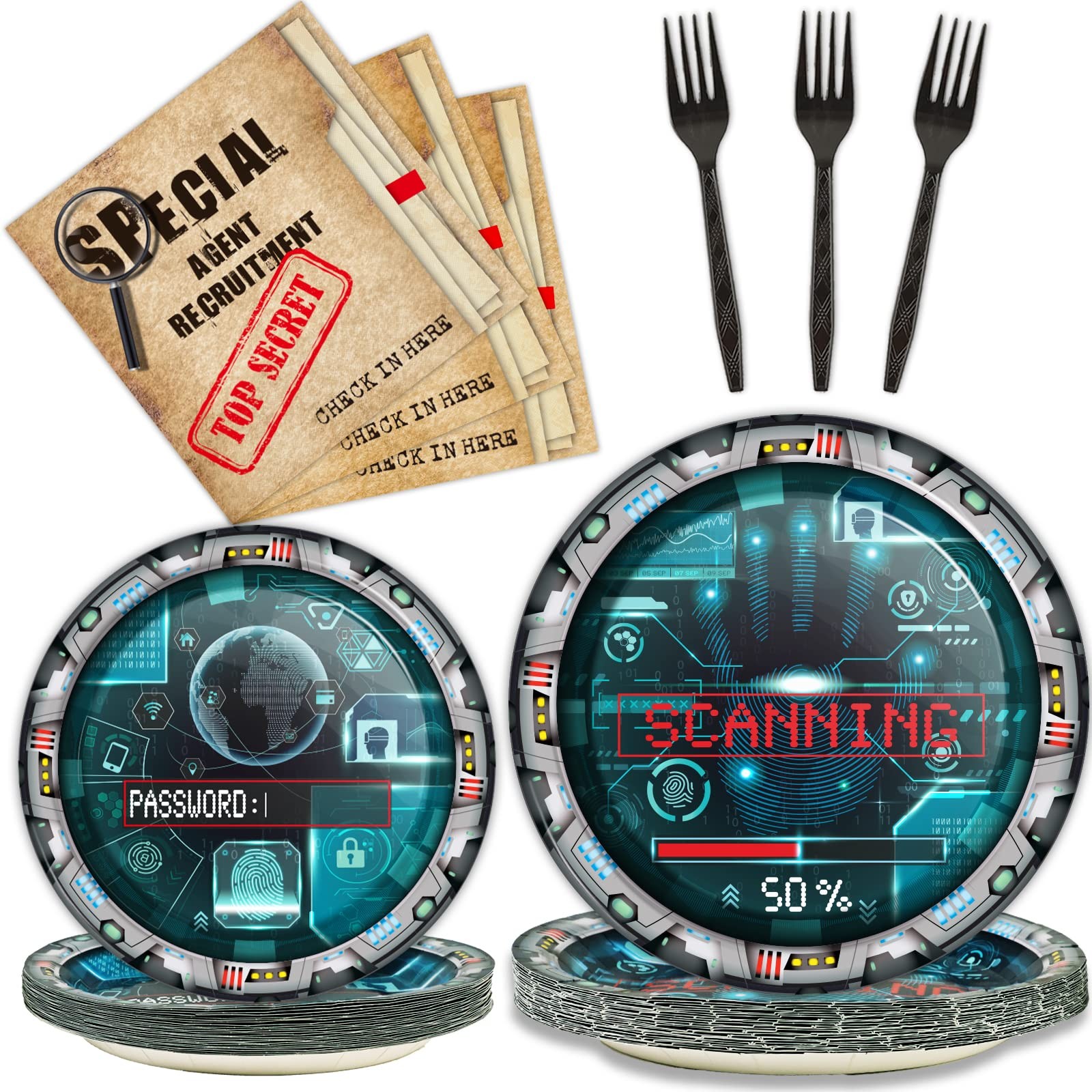 96 Pcs Secret Agent Birthday Party Paper Plate and Napkin Top Secret Spy Dete…