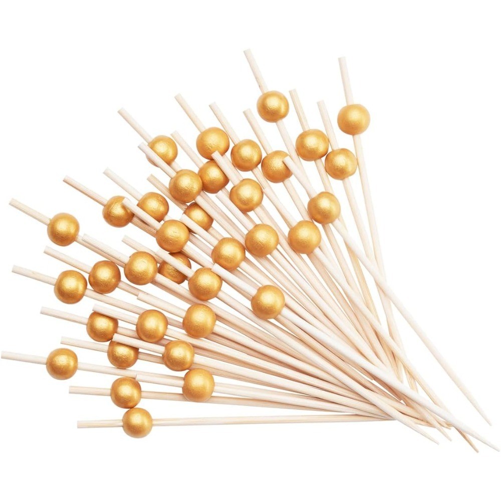 150 Count 4.7 Inch Gold Pearl Wooden Cocktail Skewers Food Toothpicks for