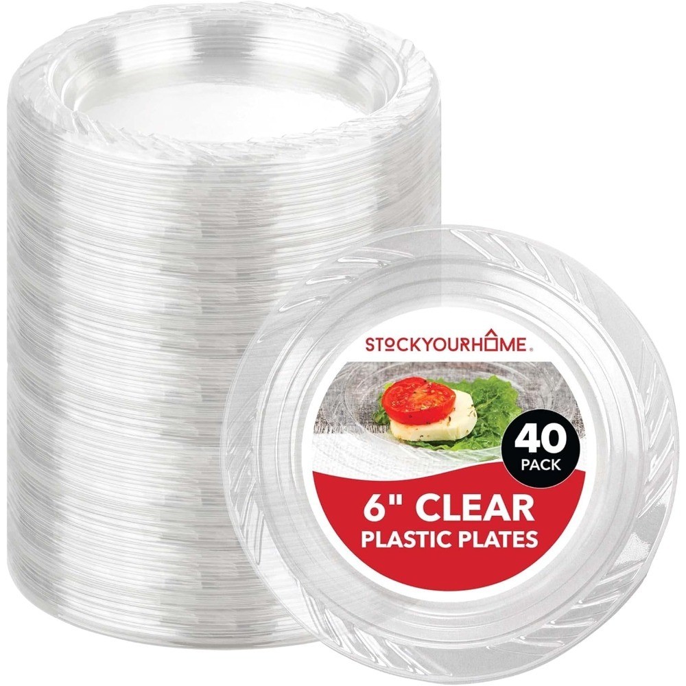 6-Inch Clear Plastic Dessert Plates (40 Pack) Flexible Disposable Clear Plates