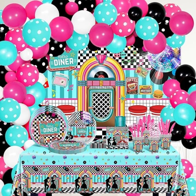 1950s Theme Balloon Arch Kit 271 Pcs – Retro Diner 50s Party Décor.