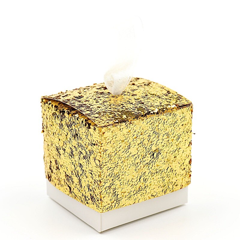 25 Gold 2 in Mini GIFT BOXES Sequin Glittered Favor Holders White Ribbon Party