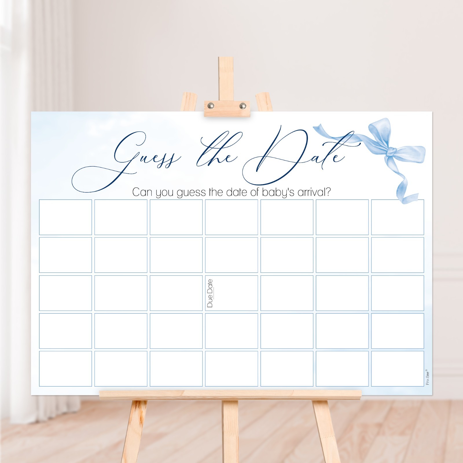 Baby Shower Games, Guess The Date Blue Bow Theme, Boys, Stylish, Minimalist.