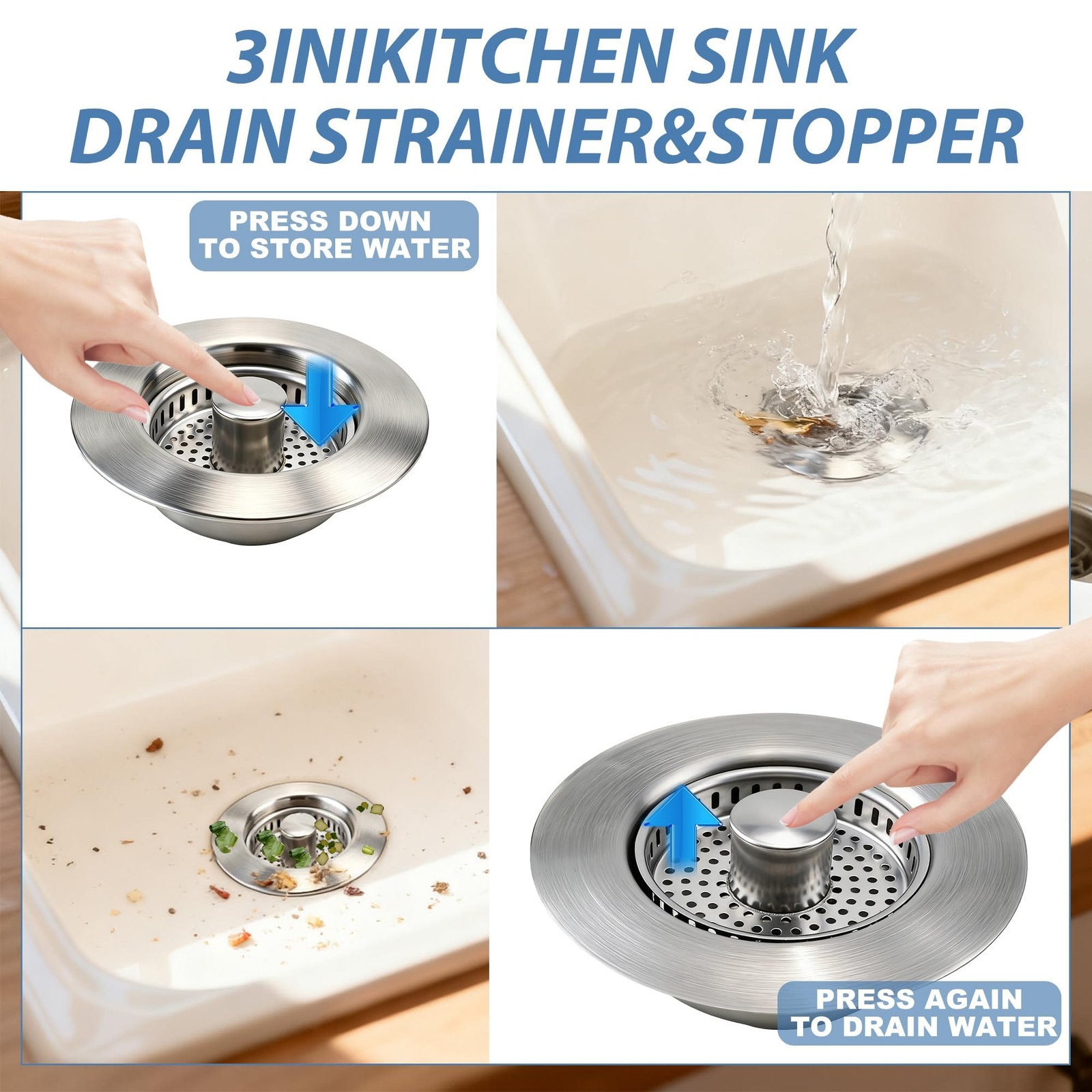 Kitchen Sink Drain Strainer,Stainless Steel 3-in-1 Pop-up Sink Stopper with Seal